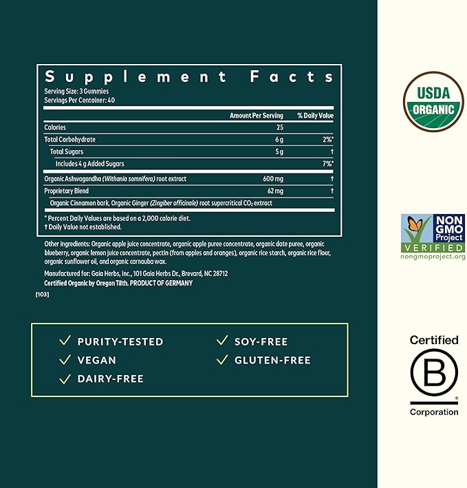 Gaia Herbs Organic Ashwagandha Gummies - Stress Support* - Made with Cinnamon &amp Ginger - Gluten Free &amp Vegan - 120 Count (40 Servings)