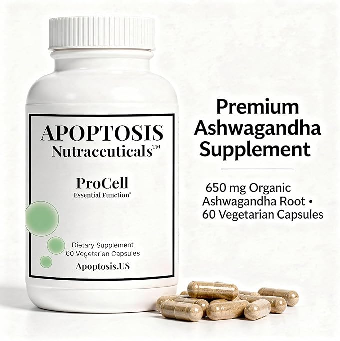 Apoptosis ProCell – Organic Ashwagandha &amp Black Pepper Extract Supplement – Cellular Health Mood &amp Stress Support – 60 Capsules – Made in USA