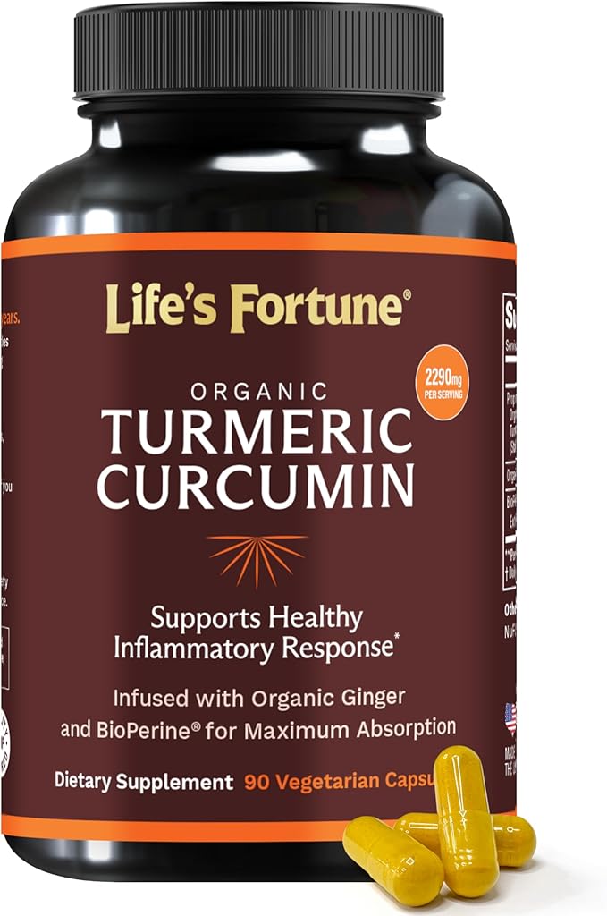 Life's Fortune Organic Turmeric Curcumin with Black Pepper and Ginger Enhanced Absorption Extra Strength Supplement Joint &amp Immune Support Non-GMO 90 Cap - 2250mg