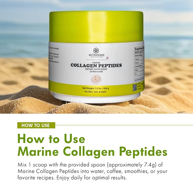 Nutriherbs Hydrolyzed Marine Collagen Peptides Powder | Type 1 Protein Supplement | Unflavored Dietary Supplement | Supports Skin Elasticity Joint Function Hair Growth &amp Healthy Nails | 30 Servi