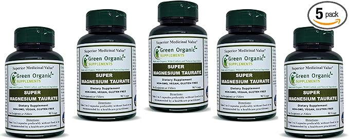 Magnesium Taurate High Absorbable 90 VCaps Non-GMO Vegan &amp Gluten Free Made with Organic Wild-Crafted and Natural Ingredients (Pack of 5)