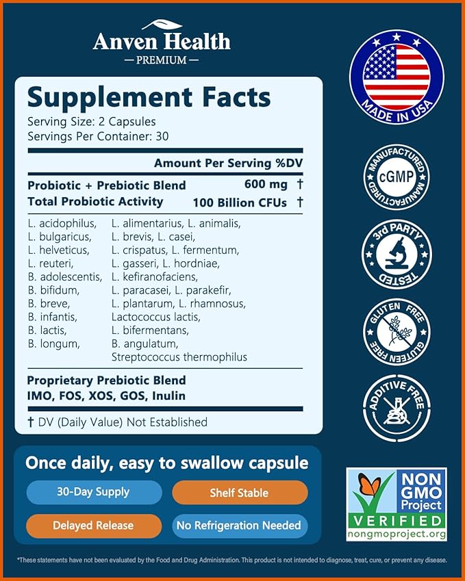 100 Billion Probiotics for Men and Women 27 Strains 5 Organic Prebiotics for Gut Digestive &amp Immune Health Supports Diarrhea Gas Bloating Non-GMO Zero Fillers – Made in USA丨180 Caps