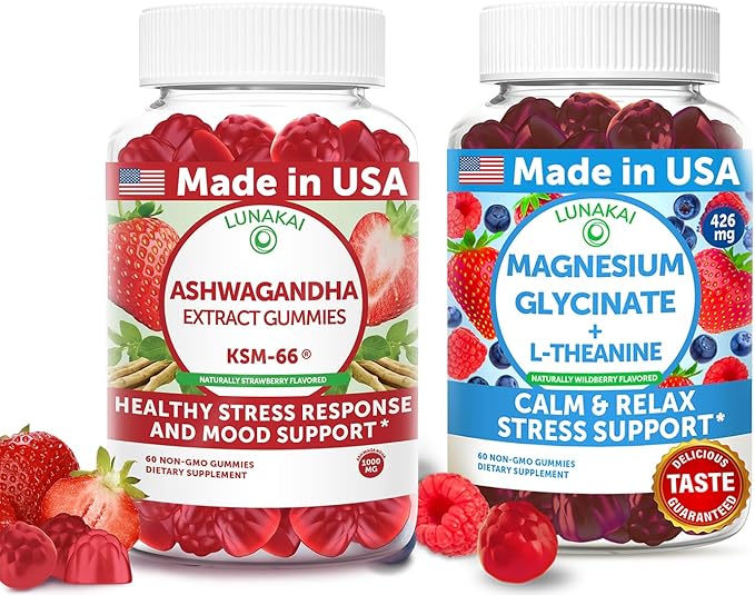 Lunakai USA Made Ashwagandha KSM-66 &amp Magnesium Glycinate Gummies Bundle – Daily Mood &amp Stress Support – 60 Non-GMO Gummies Each