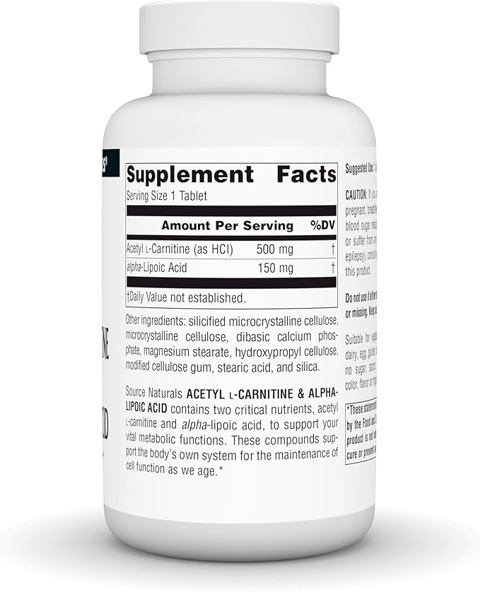 Source Naturals Acetyl L-Carnitine &amp Alpha-Lipoic Acid 650mg - 120 Tablets