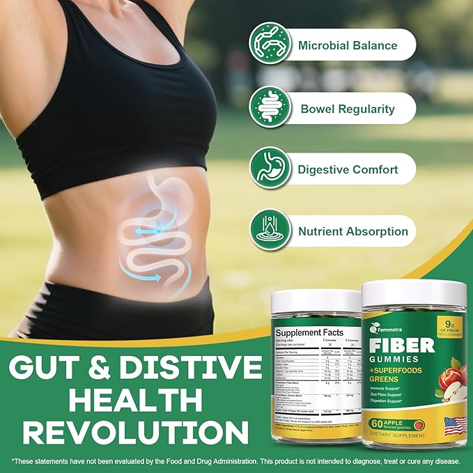 9G Fiber Gummies for Digestive Health &amp Regularity - No Sugar Added Apple Flavor - Prebiotic Fiber Supplement with Greens - Daily Gummies for Adults Women &amp Men - 60CT