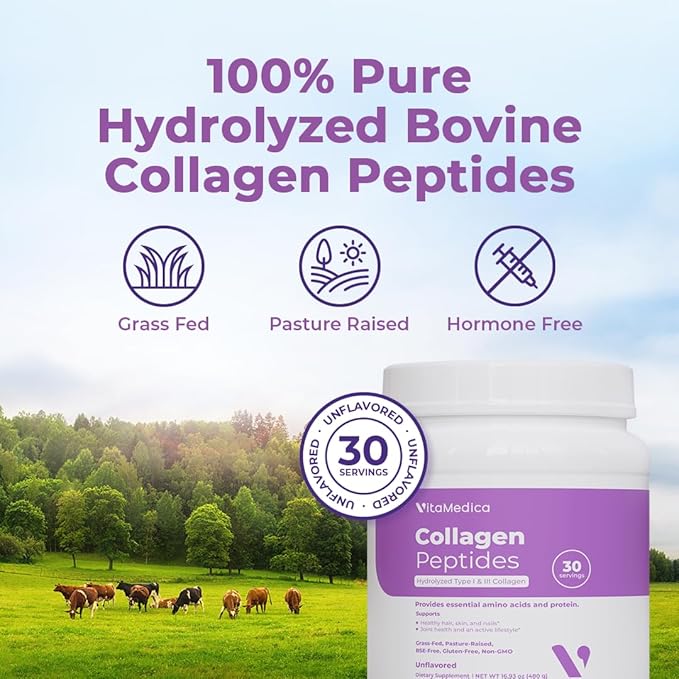VitaMedica Collagen Peptides Powder for Women &amp Men - Healthy Hair Skin Nails Bones and Joints - Hydrolyzed Types I &amp III Grass-Fed Pasture-Raised Protein Zero Sugar - 30 Servings