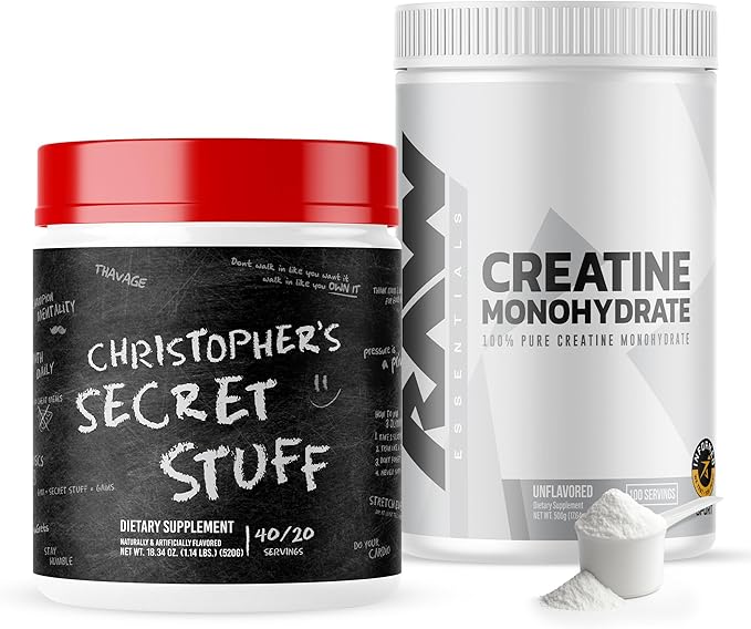 RAW Nutrition Creatine Monohydrate &amp Thavage (Tastes Like Winning) Pre-Workout Powder Bundle