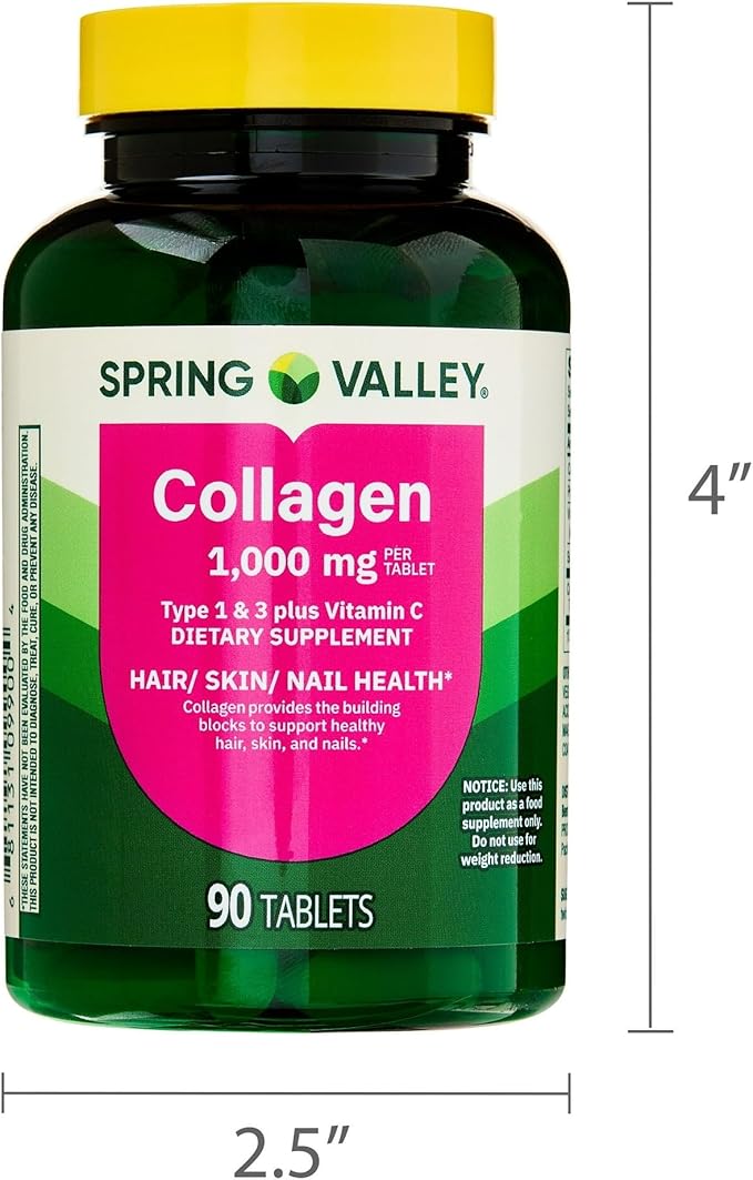 Collagen Type 1 &amp 3 Plus Vitamin C Hair Skin Nails Health Dietary Supplement Tablets 1000 mg 90 Count by Spring Valley (Pack of 1) - Set by Basket Goods