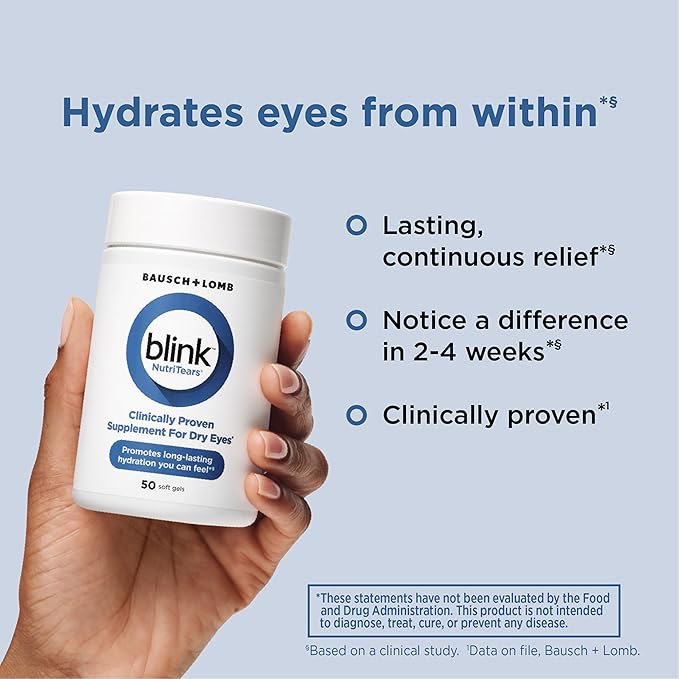 Blink NutriTears Clinically Proven Supplement for Dry Eyes Eye Care with Lutein &amp Zeaxanthin and Vitamin D to Hydrate Eyes from Within for Long-Lasting Relief 50 Softgels