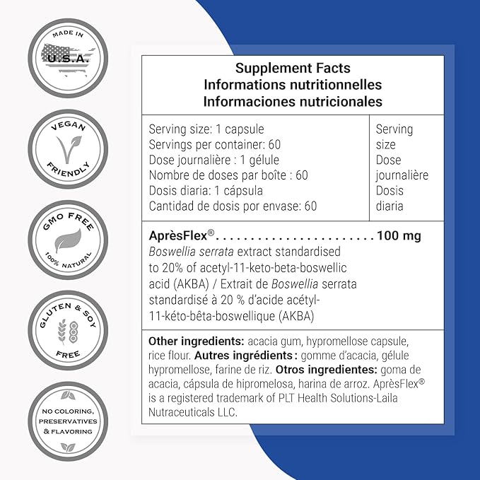 Supersmart - Super Boswellia Extract 100mg per Day (Patented &amp High Strength) - ApresFlex Boswellia Serrata Supplement - 20% AKBA | Non-GMO &amp Gluten Free - 60 Vegetarian Capsules