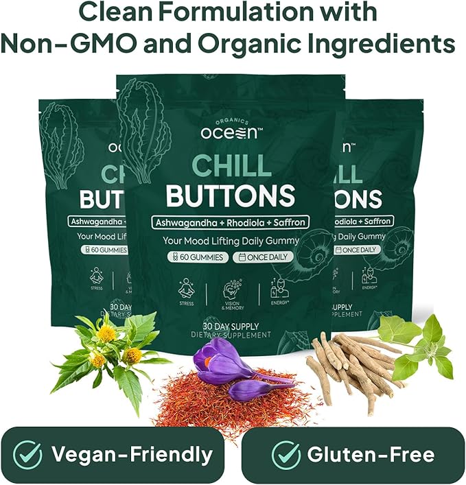 Organics Ocean Chill Buttons – Natural Ashwagandha Gummy Supplement with Organic KSM-66 Saffron &amp Rhodiola Rosea – Supports Relaxation Mood Focus &amp Energy - 1-Pack 60 Count