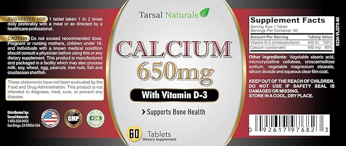 Calcium Plus Vitamin D3 60 Tablet All Naturals Supports Bone Health Good for Seniors Pregnancy and Menopause Made in USA Gluten Free FDA Registered Facility Non GMO