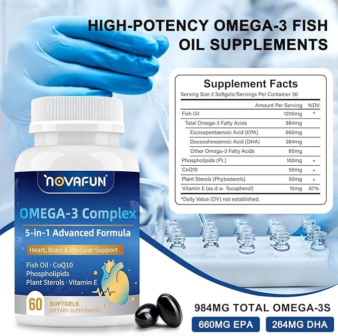 Omega 3 Fish Oil Supplements 1200mg High Potency 984mg Omega-3 Complex with CoQ10 Phospholipids Plant Stero &amp Vitamin E - Mini Easy-Swallow Softgels for Heart &amp Brain Health 60 Count