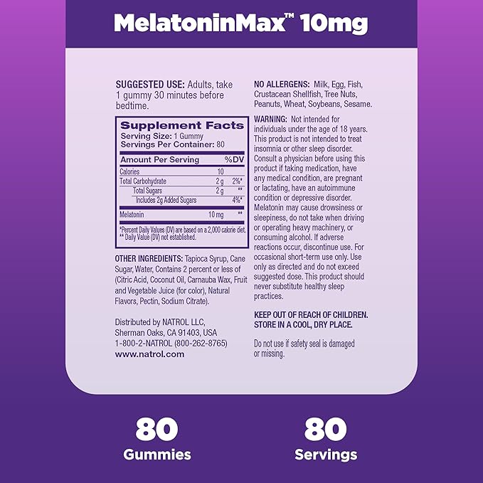 Natrol MelatoninMax Sleep Gummies for Adults Blueberry Flavor 10 mg 80 Count Up to an 80 Day Supply (Pack of 12)