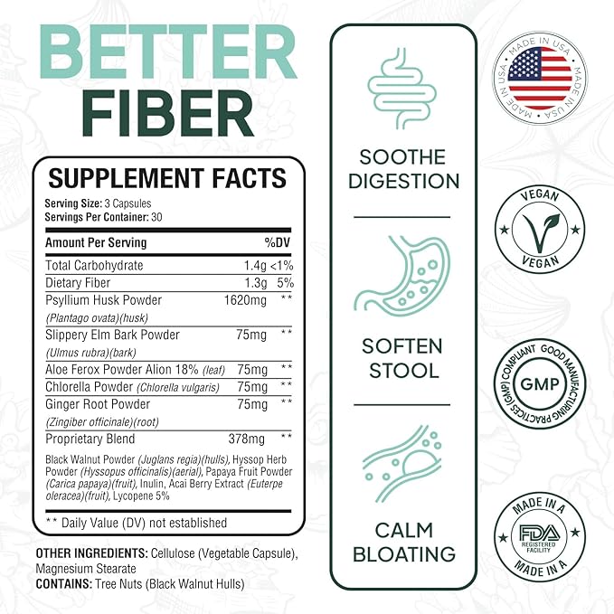 Organics Ocean Better Fiber - Daily Fiber Supplement - Soften Stool for Effortless Bowel Movements - with Psyllium Hulk and Slippery Elm - 6 Bottles (Pack of 2)