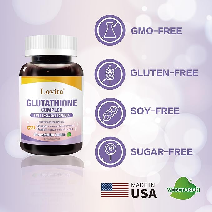 Lovita Glutathione Complex 500mg for Radiant Skin &amp Immunity Support | 99.8% Purity with Vitamin C Selenium &amp E Vegan Non-GMO Gluten-Free 60 Vegetarian Tablets