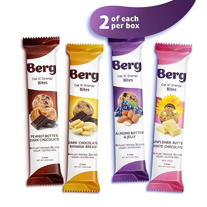 Berg Energy Bites Variety Pack – Plant-Based Protein Snack with 16g Protein &amp 1g Sugar – Vegan Gluten-Free Low Sugar High Fiber Non-GMO Prebiotic Superfood Bites – 1.5oz (8 Pack)