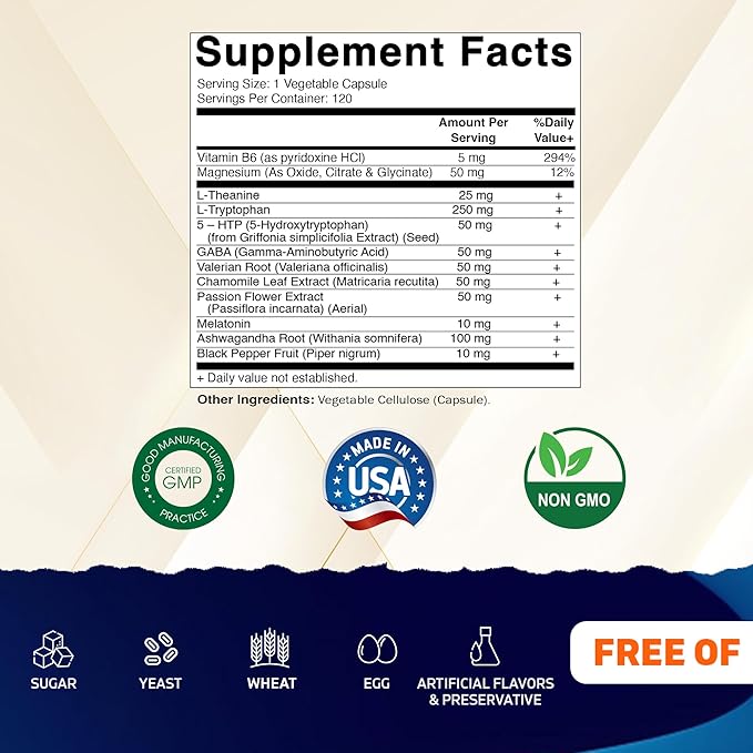 Vitamatic Advanced Sleep Aid with Melatonin - 120 Vegetable Capsules Made with B6 Magnesium L-Theanine L-Tryptophan 5-HTP GABA Valerian Chamomile Passion Flower Ashwagandha &amp Black Pepper