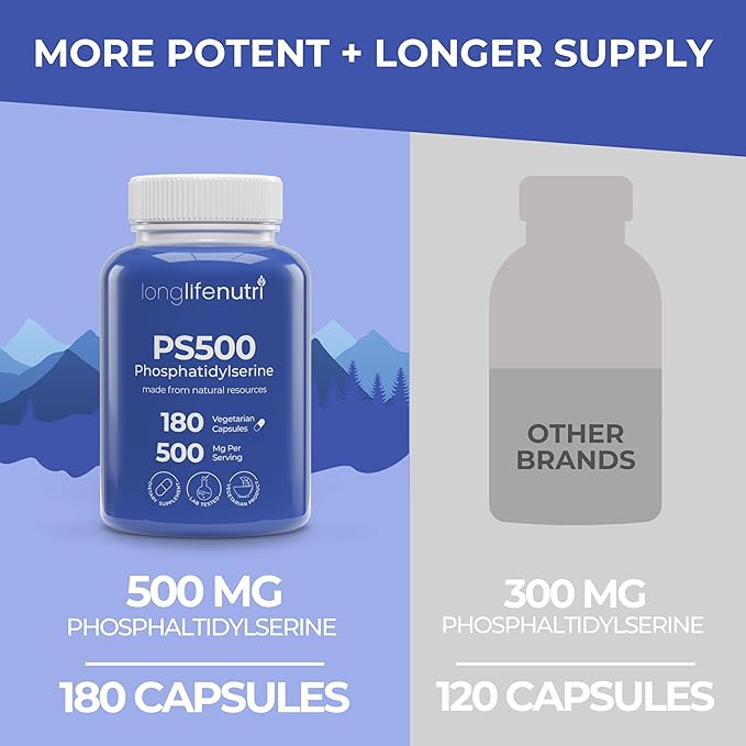 Phosphatidylserine Pure 500mg – 180 Vegetarian Pills 3-Month Supply Supplement for Strengthening Memory Focus &amp Cognitive Function Made in USA Lab Tested Non GMO