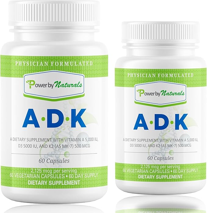 Power By Naturals ADK Vitamin Supplement – High Potency Blend of Vitamin A D3 5000 IU &amp K2 MK7 for Bone Health – Vitamin A D K Supplement – 60 Capsules (2 Month Supply)