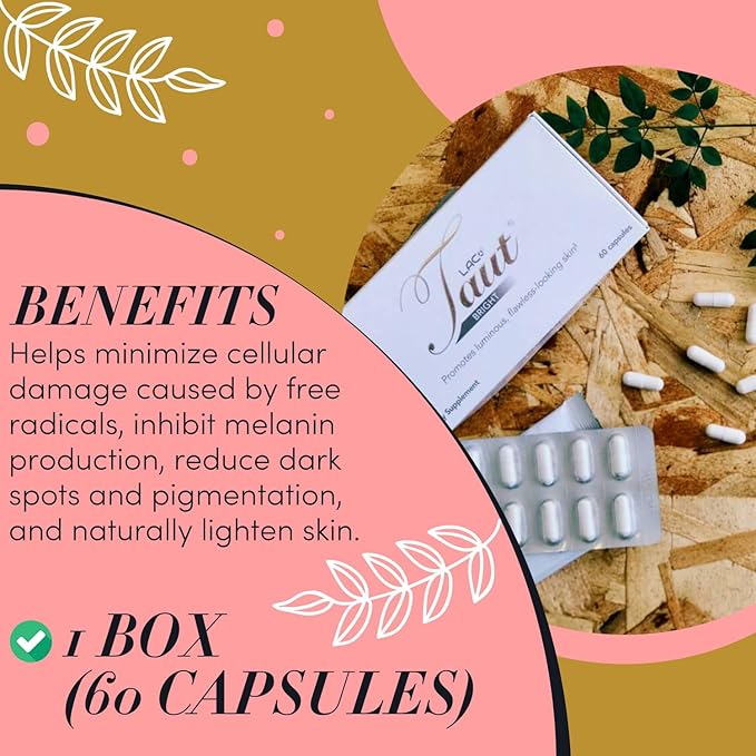 TAUT Bright Hyper Pigmentation Capsules - L Glutathione Supplement for Collagen with Alpha Lipoic Acid - Grape Seed Extract - Vitamin C Skin Whitening Capsules for Dark Spots - 60 Capsules