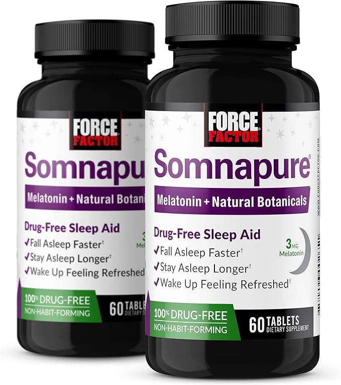 Force Factor Somnapure Drug-No Sleep Aid for Adults with Melatonin Valerian Root &amp Lemon Balm Non-Habit-Forming Sleeping Pills Fall Asleep Calm at Night Wake Up Refreshed 120 Tablets (2-Pack