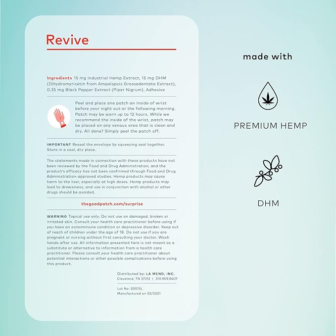 The Good Patch Revive Recovery Patch with Hemp Natural Patch with Hemp Extract and DHM Plant-Powered Wearable Wellness Sustained Release Bounce Back After a Night Out (16 Total Patches)