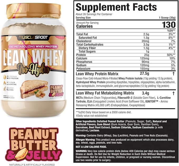 MuscleSport Lean Whey Revolution™ Whey Protein Isolate with Hydrolyzed Whey - Low Calorie Low Carb Low Fat Incredible Flavors - 25g protein per scoop (2LB Peanut Butter &amp Jelly)