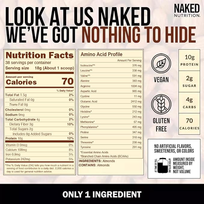 NAKED Almond Protein Powder from US Farms Only 1 Ingredient Vegan Gluten-Free No Additives No Salt No Sugar - 38 Servings - 1.5LB