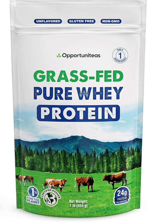 Opportuniteas Grass Fed Whey Protein Powder Concentrate - 1 Ingredient - Pure Protein Supplement for Drink Smoothie Shake Cooking &amp Baking - Non GMO Hormone Free &amp Gluten Free - 1 Pound