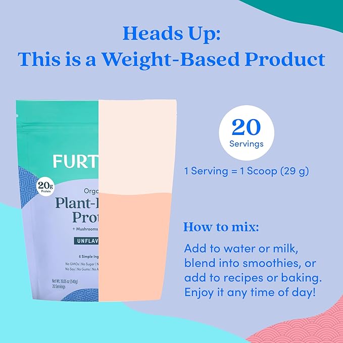 Further Food Organic Vegan Protein Powder Unflavored – 20g Pea Protein with Mushrooms &amp Seaweed Non-GMO Gluten Free Sugar Free 20.46 Oz
