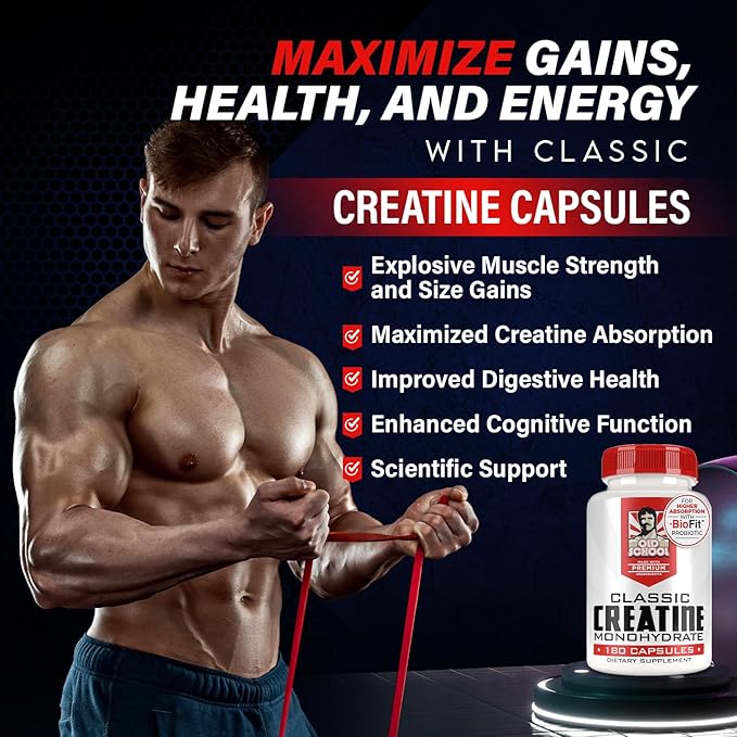 Old School Labs 5000mg Creatine Monohydrate Capsules With BioFit™ (Max Strength) Supports Muscle Growth &amp Recovery Performance Cognitive Health - Creatine Pills for Men &amp Women Made in USA