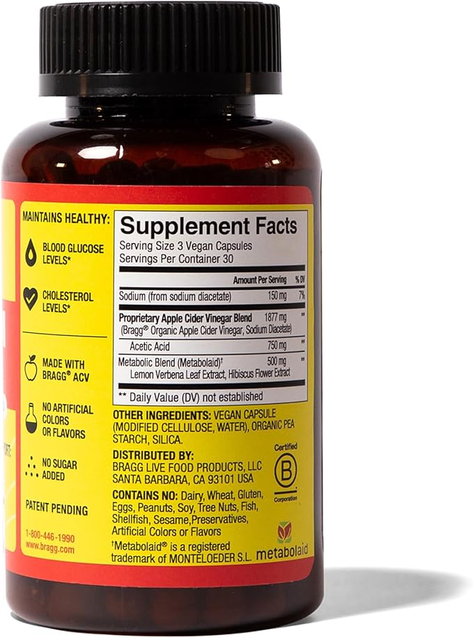 Bragg Metabolism Support Apple Cider Vinegar Capsules with Botanical Blend - 90 Capsules - Increased GLP-1 Support for Weight Management Appetite Control and Fullness