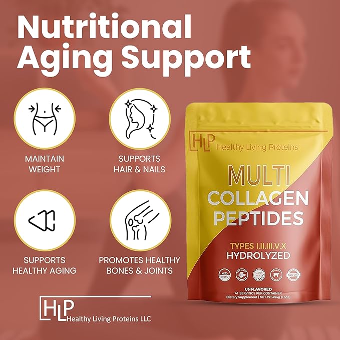Healthy Living Proteins | Multi Hydrolyzed Collagen Peptides Type I II III V &amp X | Grass Fed Bovine Wild Caught Marine Free Range Chicken | Gluten Free (Unflavored 1 Pound (Pack of 1))