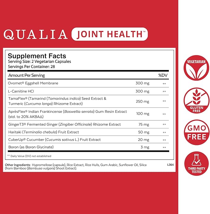 Qualia Joint Health 9 Advanced Joint Health nutrients: denatured Collagen boswellia tumeric Boron Ginger L-carnitine. Cartilage Health Tendon Strength Healthy Joint Aging (1 Month Supply)