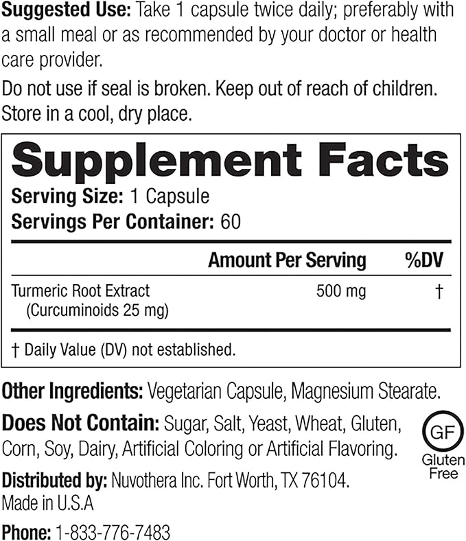 Nuvothera Super-Micronized Turmeric Curcumin Capsules 2-Month Supply Rapid Absorption Whole Root Non-GMO Skin Gut Health &amp Antioxidants(120 Capsules)