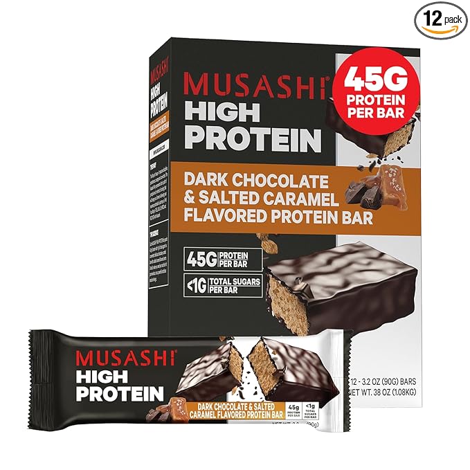 MUSASHI High Protein Bar 45g Protein &lt1g Total Sugars Dark Chocolate &amp Salted Caramel Post Workout and Protein Snack On The Go 12 Pack of 3.2oz (90g) Bars