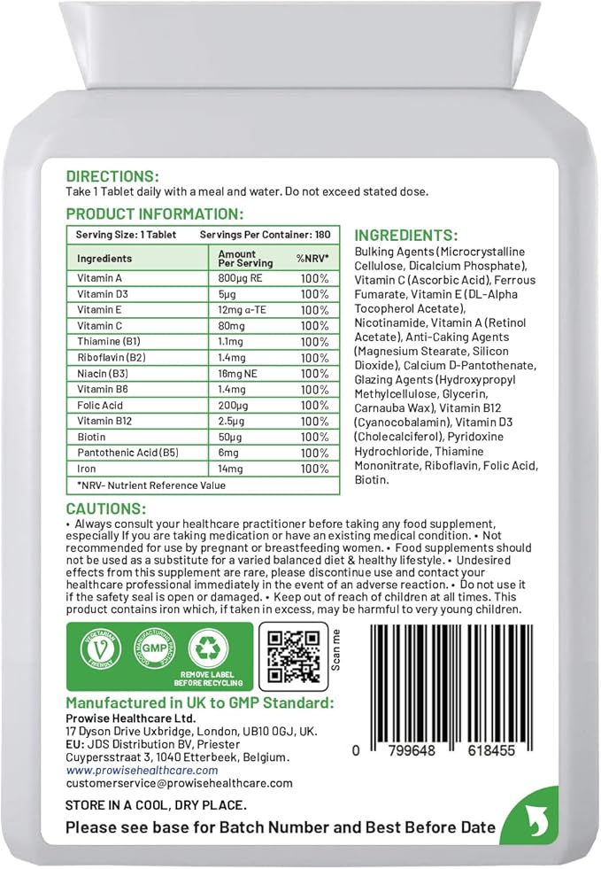 Multivitamin &amp Iron 180 Tablets (6 Months Dose) Immune Support - One A Day Multi-Vitamin Supplement – UK Manufactured | GMP Standards by Prowise Healthcare - Suitable for Vegetarians