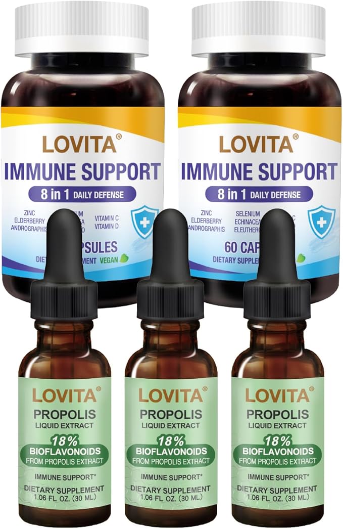 LOVITA Advanced Wellness Bundle - 3 Propolis Drops &amp 2 Immune 8-in-1 Capsules Zinc Vitamin C Andrographis &amp Bee Propolis (5 Pc)