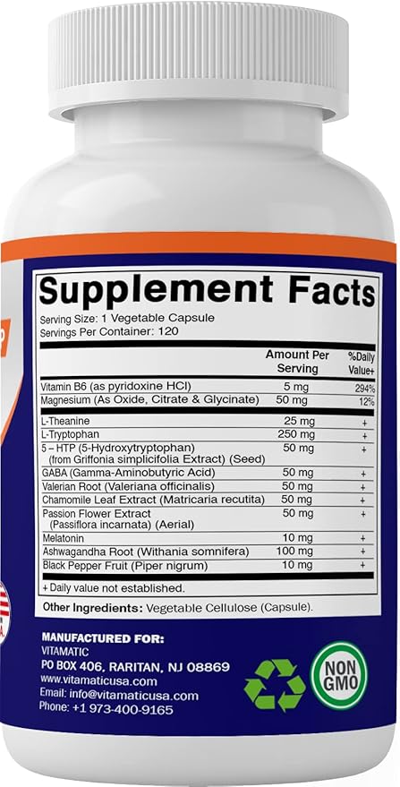 Vitamatic Melatonin 60mg with B6 Magnesium L-Theanine L-Tryptophan 5-HTP GABA Valerian Chamomile Passion Flower Ashwagandha &amp Black Pepper