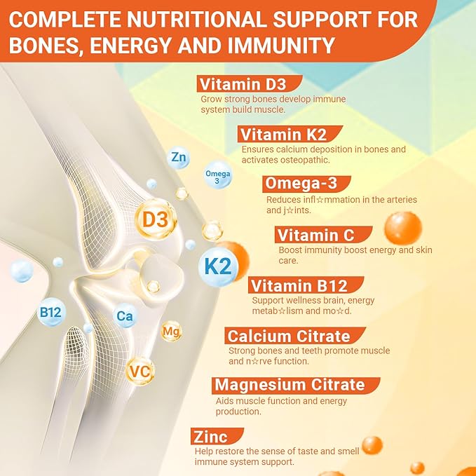 Vitamin D3 K2 Gummies Sugar Free D3 K2 Vitamin with Omega 3 Calcium Magnesium for Bone Muscle Teeth Immune