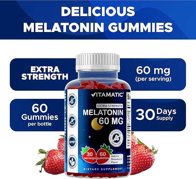 Vitamatic Sugar Free Melatonin 60 mg - 60 Vegetarian Gummies - Non-Habit Forming Supplement (Pack of 2)