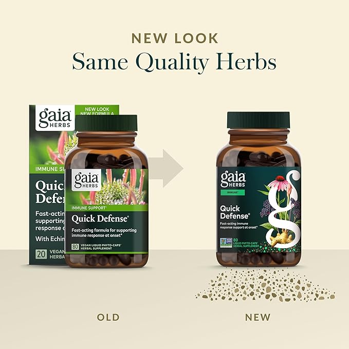 Gaia Herbs Quick Defense - Fast-Acting Immune Support Supplement* - Echinacea Black Elderberry Ginger &amp Andrographis - 80 Vegan Liquid Phyto-Caps (40 Servings)