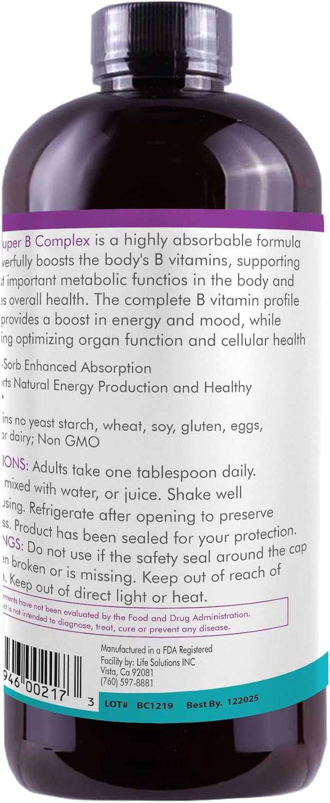 Life Solutions Liquid Super B Complex -32oz Naturally Increase Your Body's Levels of Energy