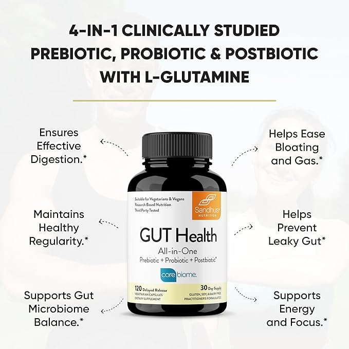 Sandhu's Gut Health - Prebiotic Probiotic Postbiotic &amp L-Glutamine | Digestive Health Colon Probiotic Total Supplements | 120 Delayed Release Capsules