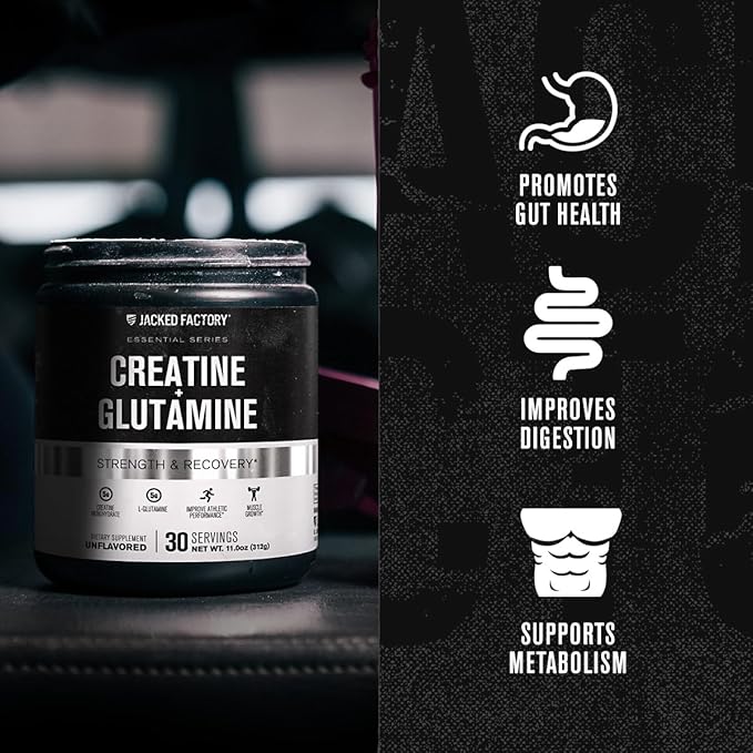 Jacked Factory Creatine + Glutamine - Creatine Supplement with L-Glutamine for Muscle Recovery Muscle Growth Increased Strength (30 Servings Unflavored &amp 30 Servings Blue Raspberry)