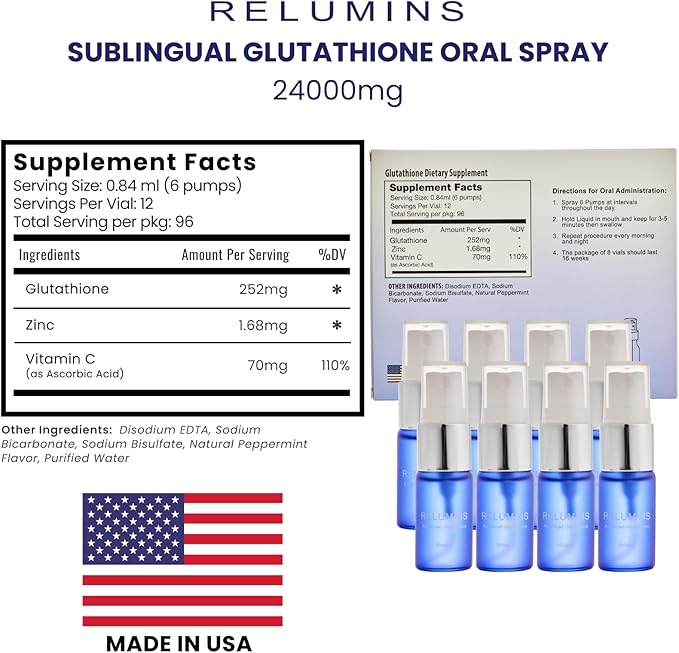 Relumins Sublingual Glutathione Oral Spray – Original Formula 24000mg with Vitamin C &amp Zinc High-Absorption Peppermint Formula 8 Bottles x 3000mg Each – Antioxidant Wellness