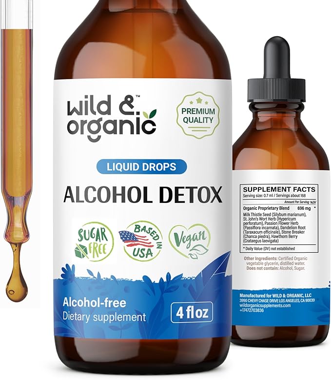 Wild &amp Organic Alcohol Detox Drops - Liver &amp Kidney Cleanse with Milk Thistle Chanca Piedra Stone Breaker - Anti Alcohol Complex for Liver Cleanse Detox - Vegan No Sugar &amp Additives - 4