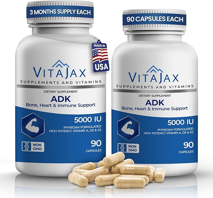 ADK - Vitamin ADK Supplement 180 Capsules - High Potency Vitamin A D3(5000 IU) K2 as MK-7 for Bone Heart &amp Calcium Absorption – Non-GMO Gluten Free (6 Month Supply) 2 Pack