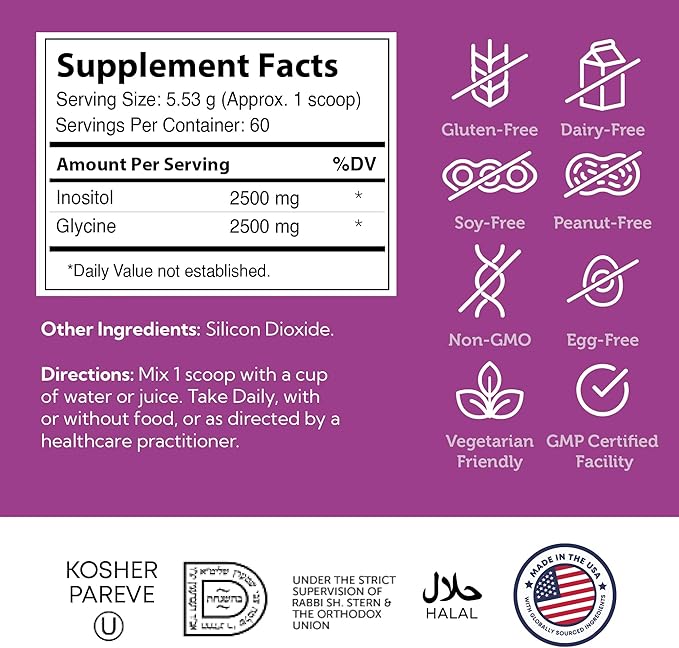 Zahler Inositol &amp Glycine Supplement Powder - Mood &amp Nervous System Support Supplements for Women - Hormone Balance &amp Healthy Ovarian Function - Kosher Gluten Free Dairy Free Soy Free 1